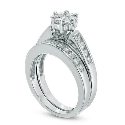 1.0 CT. T.W. Natural Diamond Flower Bridal Engagement Ring Set in Solid 10K White Gold