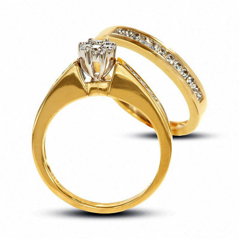 0.50 CT. T.W. Natural Diamond Flower Bridal Engagement Ring Set in Solid 10K Yellow Gold