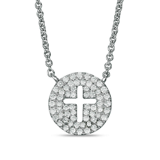 0.33 CT. T.W. Natural Diamond Cutout Cross Disc Necklace in 14K White Gold