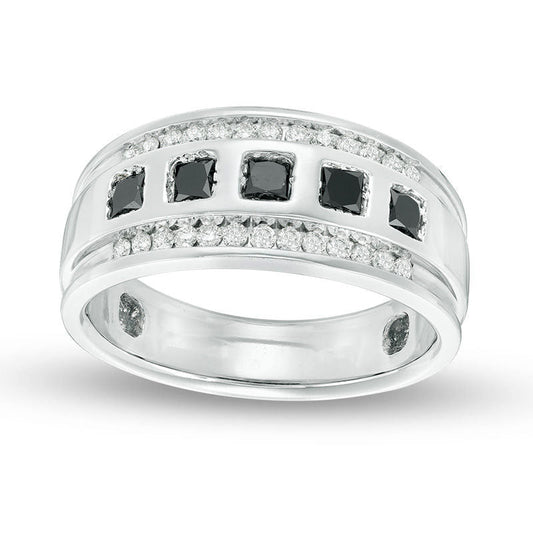 Men's 1.0 CT. T.W. Enhanced Black and White Natural Diamond Five Stone Wedding Band in Solid 14K White Gold