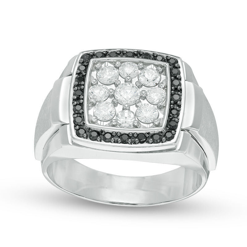 Men's 1.0 CT. T.W. Enhanced Black and White Natural Diamond Double Cushion Frame Signet Ring in Solid 10K White Gold