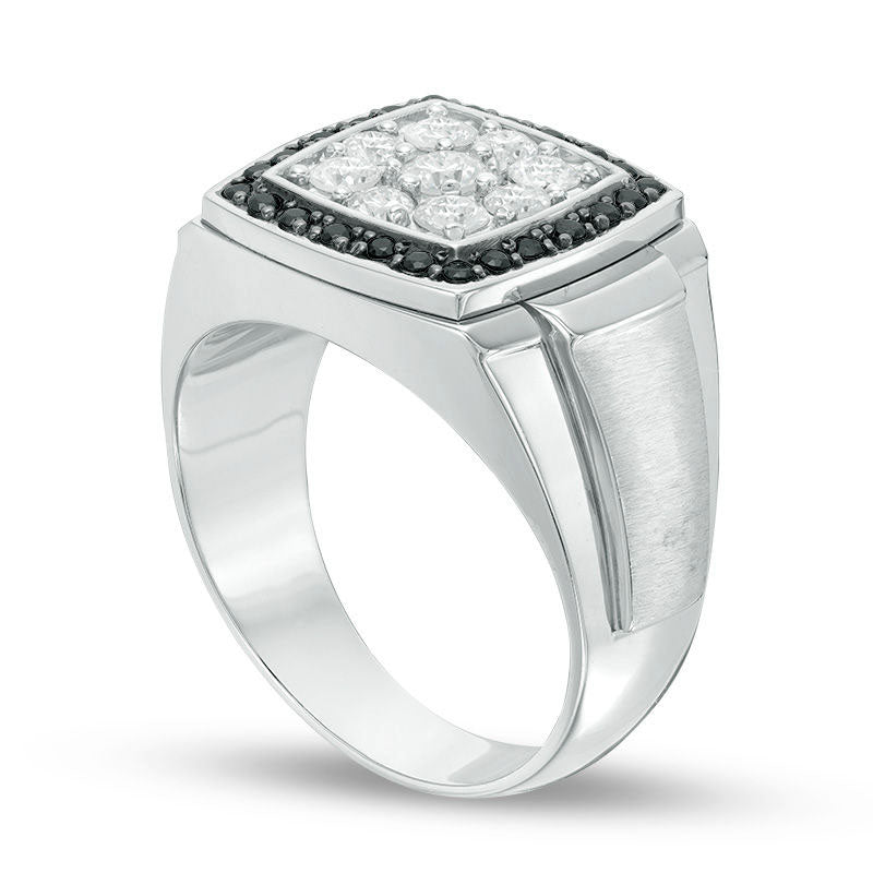 Men's 1.0 CT. T.W. Enhanced Black and White Natural Diamond Double Cushion Frame Signet Ring in Solid 10K White Gold