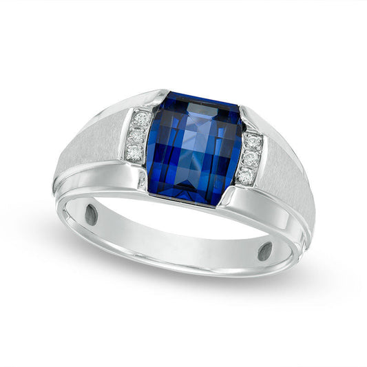 Men's Barrel-Cut Lab-Created Blue Sapphire and Diamond Accent Ring in Solid 10K White Gold