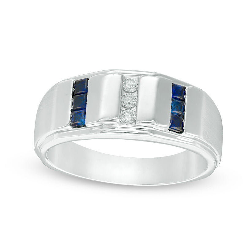 Men's 0.10 CT. T.W. Diamond and Square-Cut Lab-Created Blue Sapphire Bar Ring in Sterling Silver