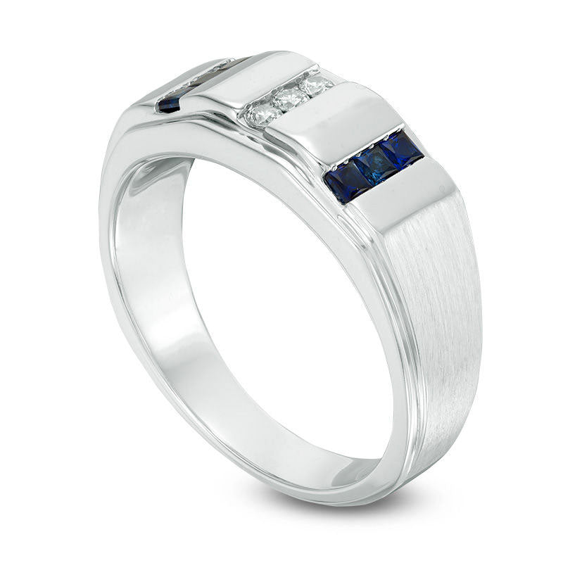 Men's 0.10 CT. T.W. Diamond and Square-Cut Lab-Created Blue Sapphire Bar Ring in Sterling Silver