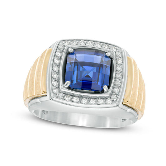 Men's 9.0mm Cushion-Cut Lab-Created Blue Sapphire and 0.25 CT. T.W. Diamond Frame Ring in Sterling Silver and Solid 10K Yellow Gold