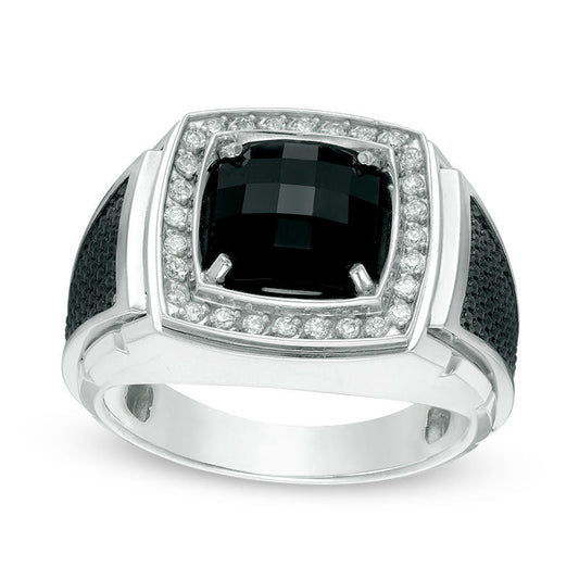 Men's 9.0mm Cushion-Cut Onyx and 0.25 CT. T.W. Natural Diamond Frame Ring in Solid 10K White Gold and Black Rhodium