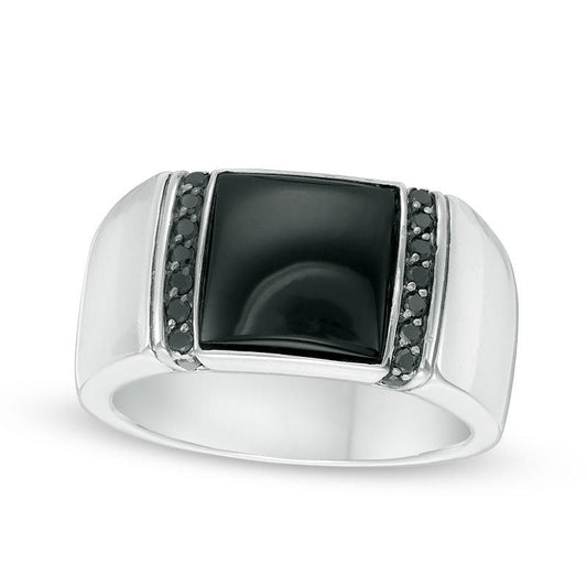 Men's 11.0mm Cushion-Cut Onyx and 0.33 CT. T.W. Enhanced Black Natural Diamond Ring in Sterling Silver