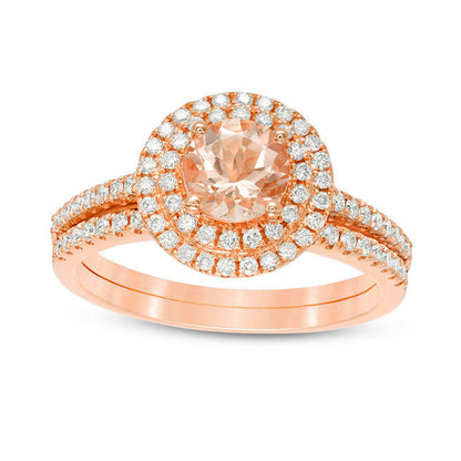 6.0mm Morganite and 0.38 CT. T.W. Natural Diamond Double Frame Bridal Engagement Ring Set in Solid 14K Rose Gold