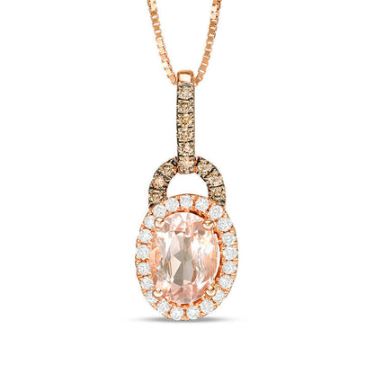 Oval Morganite and 0.13 CT. T.W. Champagne and White Natural Diamond Frame Pendant in 10K Rose Gold