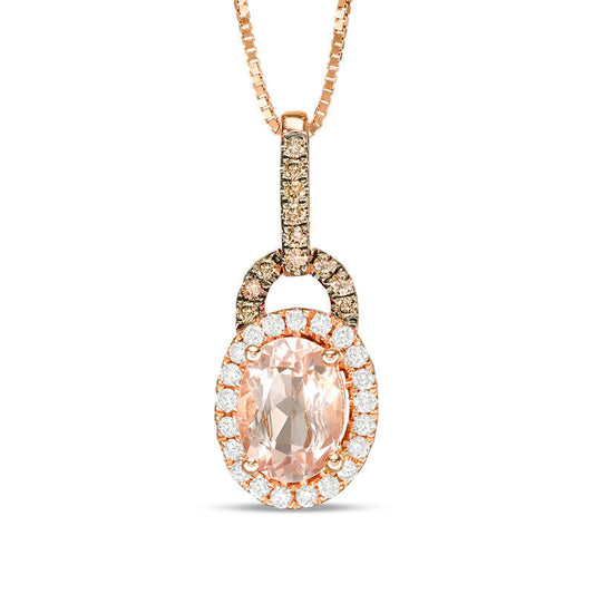 Oval Morganite and 0.13 CT. T.W. Champagne and White Natural Diamond Frame Pendant in 10K Rose Gold