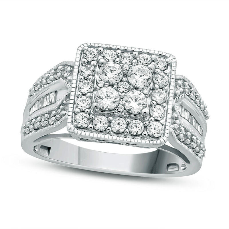 1.0 CT. T.W. Natural Diamond Square Frame Multi-Row Shank Engagement Ring in Solid 10K White Gold