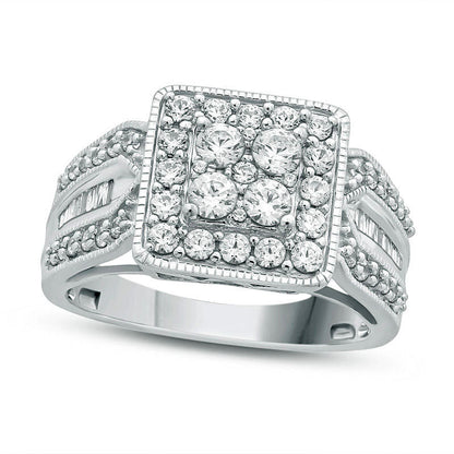 1.0 CT. T.W. Natural Diamond Square Frame Multi-Row Shank Engagement Ring in Solid 10K White Gold