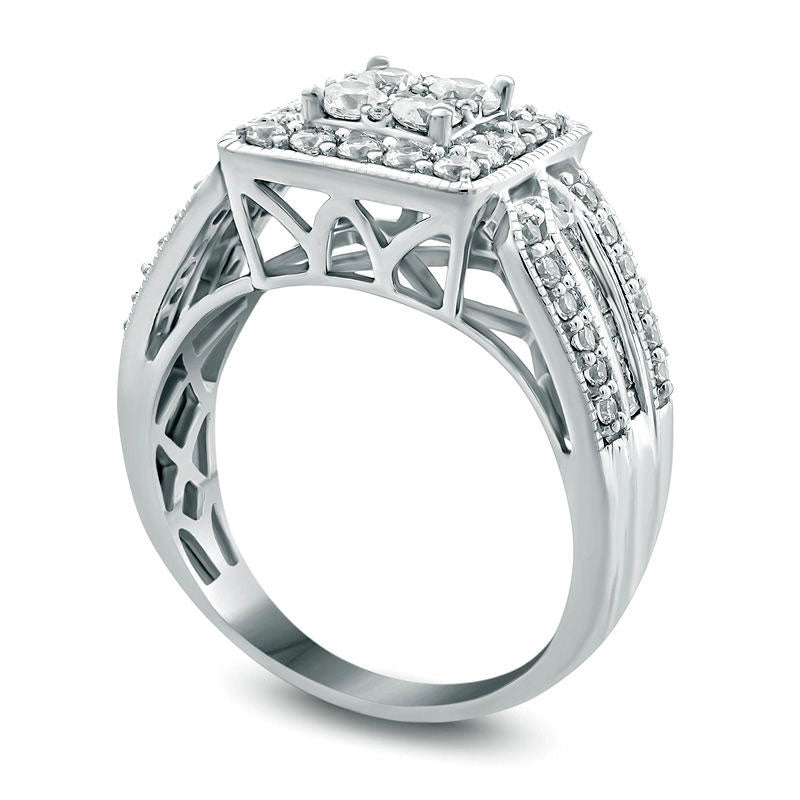 1.0 CT. T.W. Natural Diamond Square Frame Multi-Row Shank Engagement Ring in Solid 10K White Gold