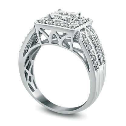 1.0 CT. T.W. Natural Diamond Square Frame Multi-Row Shank Engagement Ring in Solid 10K White Gold