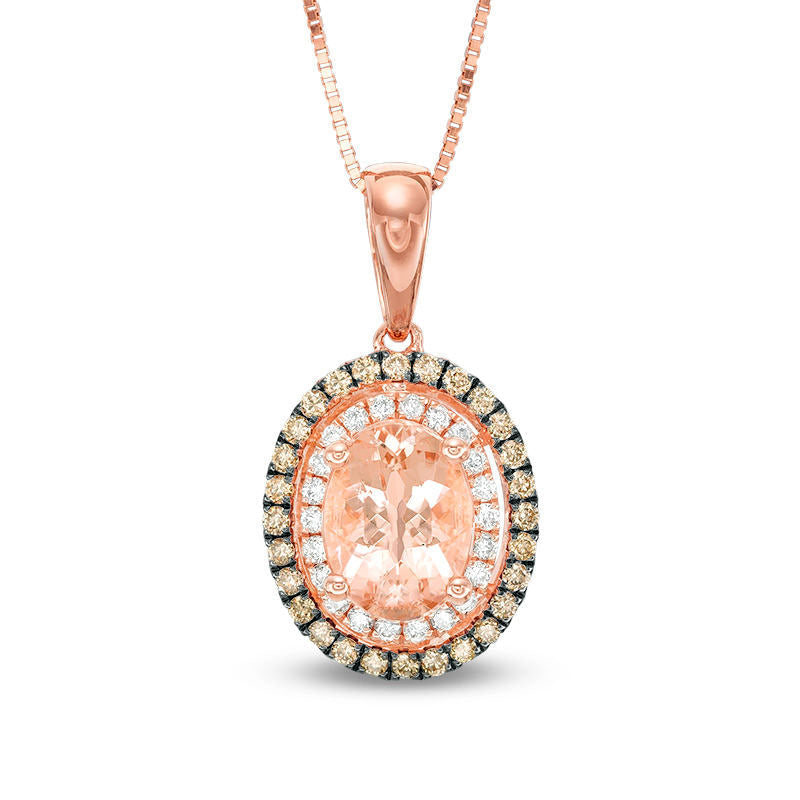 Oval Morganite and 0.25 CT. T.W. Champagne and White Natural Diamond Double Frame Pendant in 14K Rose Gold and Black Rhodium