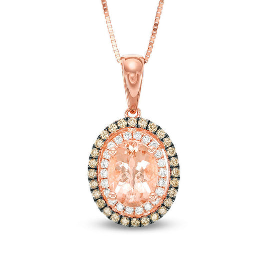 Oval Morganite and 0.25 CT. T.W. Champagne and White Natural Diamond Double Frame Pendant in 14K Rose Gold and Black Rhodium