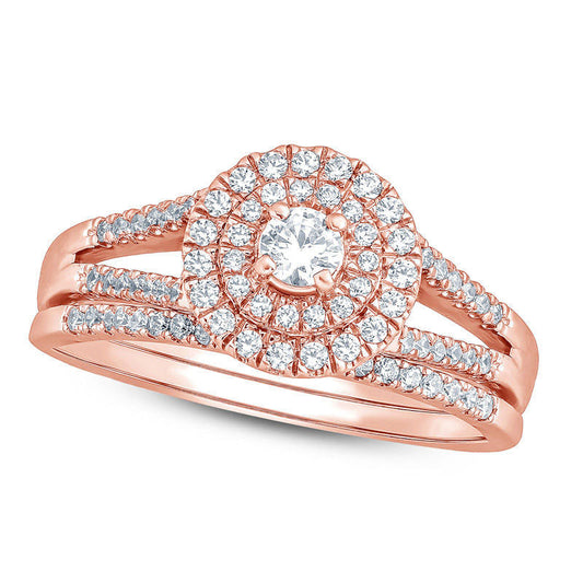 0.50 CT. T.W. Natural Diamond Double Frame Bridal Engagement Ring Set in Solid 10K Rose Gold