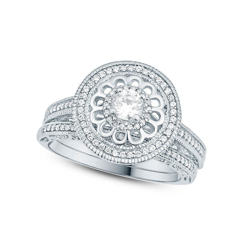 0.50 CT. T.W. Natural Diamond Flower Antique Vintage-Style Bridal Engagement Ring Set in Solid 10K White Gold