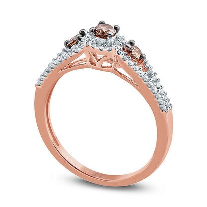0.50 CT. T.W. Champagne and White Natural Diamond Three Stone Engagement Ring in Solid 10K Rose Gold