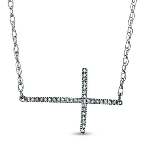 Natural Diamond Accent Sideways Cross Necklace in Sterling Silver