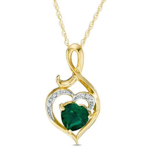 6.0mm Heart-Shaped Lab-Created Emerald and Diamond Accent Swirl Heart Pendant in 10K Yellow Gold