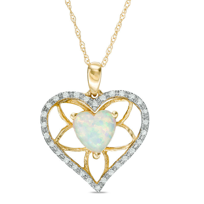 7.0mm Heart-Shaped Lab-Created Opal and 0.13 CT. T.W. Diamond Floral Heart Pendant in 10K Yellow Gold