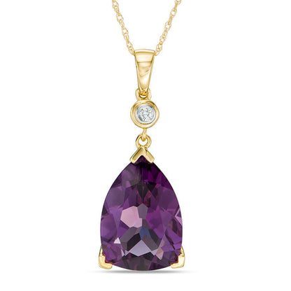Trillion-Cut Lab-Created Amethyst and Diamond Accent Drop Pendant in 10K Yellow Gold