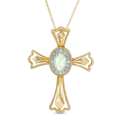 Oval Lab-Created Opal and Diamond Accent Gothic-Style Cross Pendant in 10K Yellow Gold