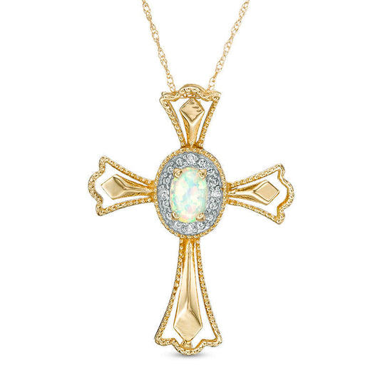 Oval Lab-Created Opal and Diamond Accent Gothic-Style Cross Pendant in 10K Yellow Gold