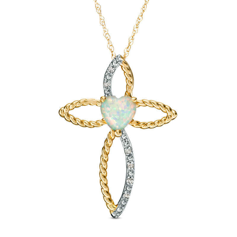 6.0mm Heart-Shaped Lab-Created Opal and Diamond Accent Cross Pendant in 10K Yellow Gold