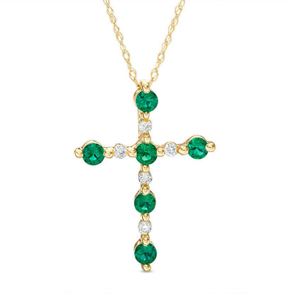 Lab-Created Emerald and Diamond Accent Cross Pendant in 10K Yellow Gold