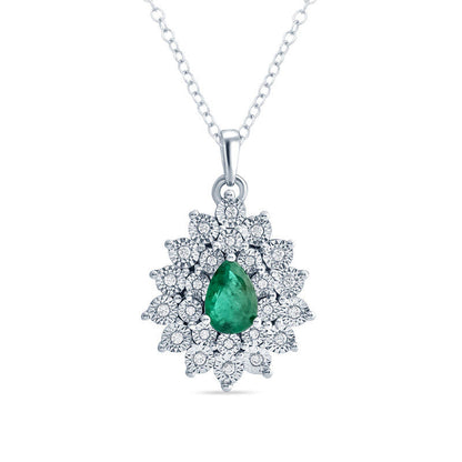 Pear-Shaped Lab-Created Emerald and 0.1 CT. T.W. Diamond Starburst Frame Pendant in Sterling Silver