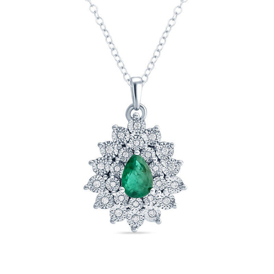Pear-Shaped Lab-Created Emerald and 0.1 CT. T.W. Diamond Starburst Frame Pendant in Sterling Silver