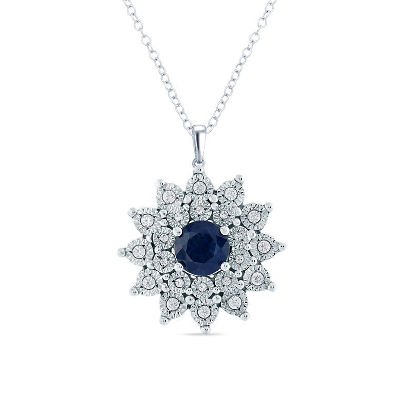5.0mm Lab-Created Blue Sapphire and Diamond Accent Starburst Frame Pendant in Sterling Silver