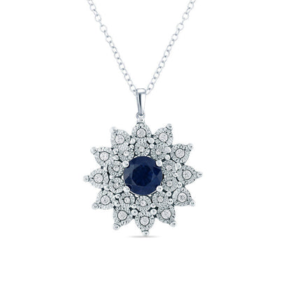 5.0mm Lab-Created Blue Sapphire and Diamond Accent Starburst Frame Pendant in Sterling Silver