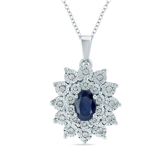 Oval Lab-Created Blue Sapphire and Diamond Accent Starburst Frame Pendant in Sterling Silver