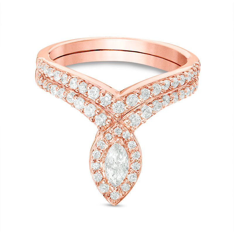 0.75 CT. T.W. Marquise Natural Diamond Frame Bridal Engagement Ring Set in Solid 10K Rose Gold