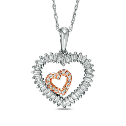 0.2 CT. T.W. Baguette and Round Natural Diamond Double Heart Pendant in 10K White Gold and 18K Rose Gold Plate