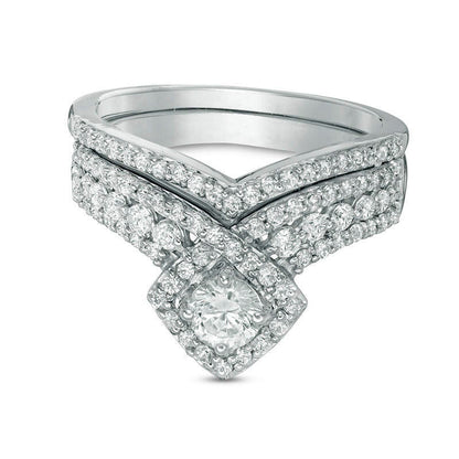 1.0 CT. T.W. Natural Diamond Tilted Cushion Frame Bridal Engagement Ring Set in Solid 10K White Gold