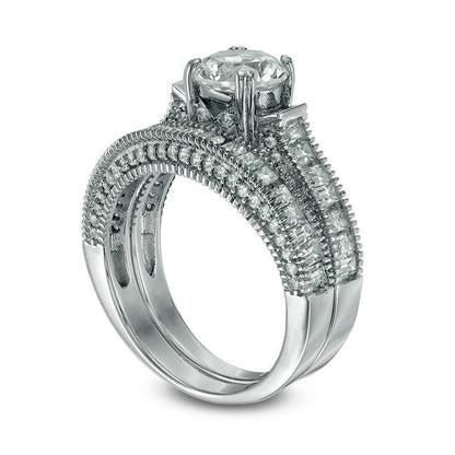 7.0mm Princess-Cut Lab-Created White Sapphire Bridal Engagement Ring Set in Sterling Silver