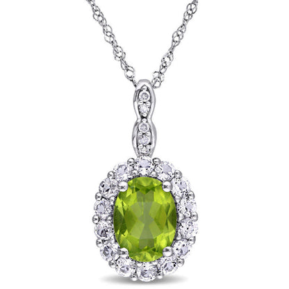 Oval Peridot, White Topaz and Natural Diamond Accent Frame Pendant in 14K White Gold - 17"