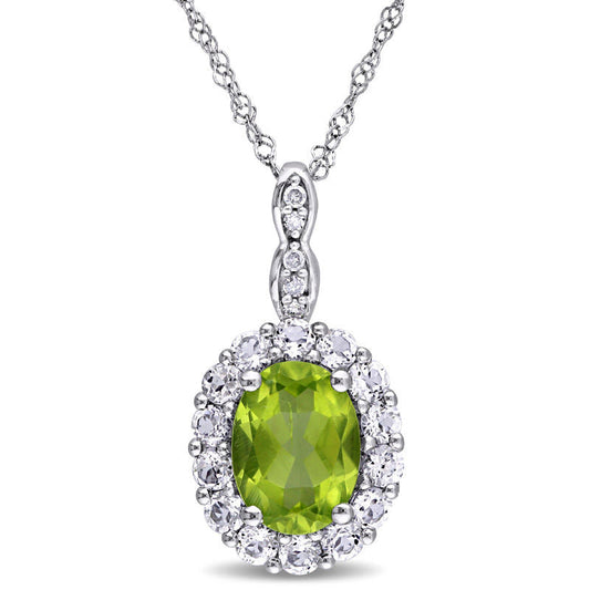 Oval Peridot, White Topaz and Natural Diamond Accent Frame Pendant in 14K White Gold - 17"