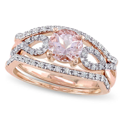 6.0mm Morganite and 0.20 CT. T.W. Natural Diamond Twist Shank Three Piece Bridal Engagement Ring Set in Solid 10K Rose Gold