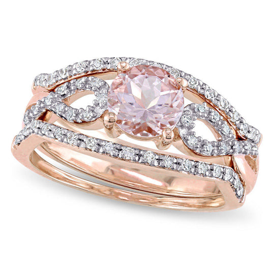 6.0mm Morganite and 0.20 CT. T.W. Natural Diamond Twist Shank Three Piece Bridal Engagement Ring Set in Solid 10K Rose Gold