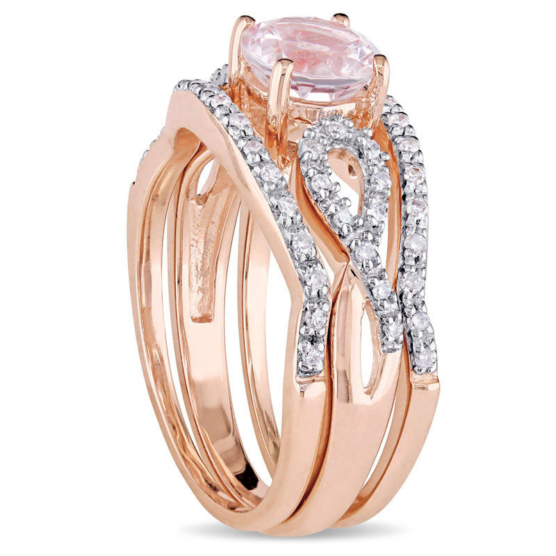 6.0mm Morganite and 0.20 CT. T.W. Natural Diamond Twist Shank Three Piece Bridal Engagement Ring Set in Solid 10K Rose Gold