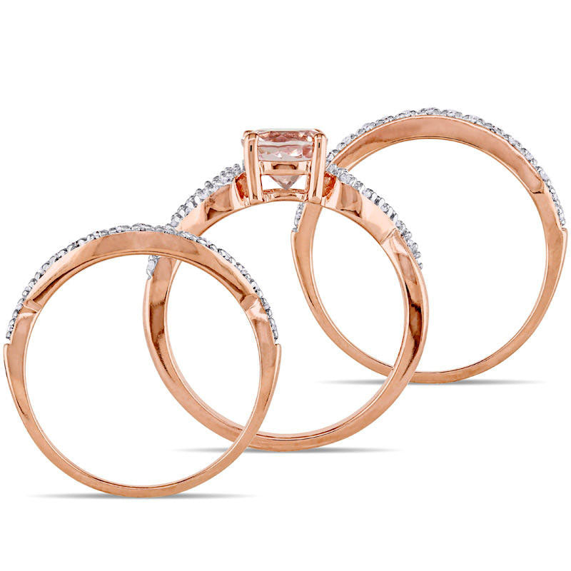 6.0mm Morganite and 0.20 CT. T.W. Natural Diamond Twist Shank Three Piece Bridal Engagement Ring Set in Solid 10K Rose Gold