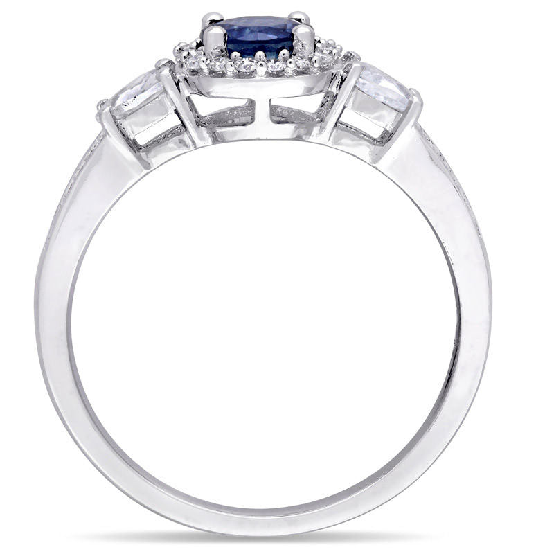 Blue and White Sapphire and 0.13 CT. T.W. Natural Diamond Frame Three Stone Engagement Ring in Solid 14K White Gold