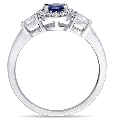 Blue and White Sapphire and 0.13 CT. T.W. Natural Diamond Frame Three Stone Engagement Ring in Solid 14K White Gold