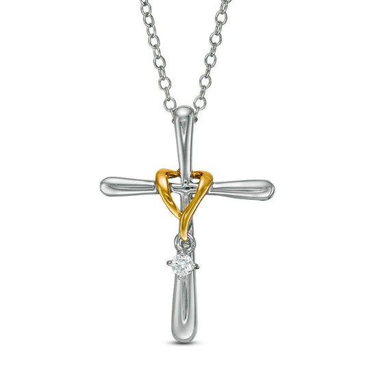 0.05 CT. Natural Clarity Enhanced Solitaire Dangle Cross Pendant in 10K Two-Tone Gold